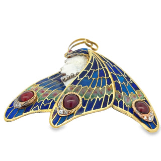 Estate Modern 1990's 18kt Yellow Gold Plique-A-Jour Enamel, Garnet, diamond, Pink Sapphire, Cameo Pendant/Brooch — reverse view