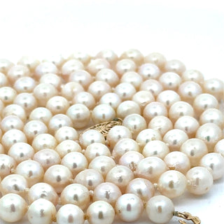 Estate Modern 1990's Japanese Akoya Cultured Pearls 36" 14kt Yellow Gold Necklace — scale view