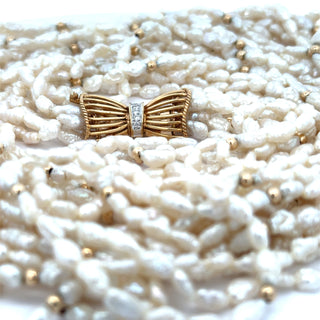 Estate Modern Multi Strand Freshwater Pearl and Diamond 14kt Yellow & White Gold Necklace — scale view