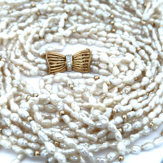 Estate Modern Multi Strand Freshwater Pearl and Diamond 14kt Yellow & White Gold Necklace — detail view