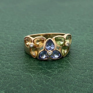 Estate Modern Designer JCR Citrine, Peridot, Tanzanite and Diamond 14Kt Yellow Gold Ring.