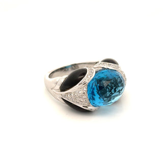 Estate Modern Italian Onyx, Blue Topaz and Diamond 18kt White Gold Ring — alternate view