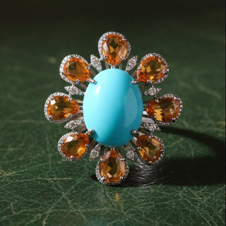 Estate Modern Orange Sapphire Diamond, Turquoise 18kt White Gold Ring