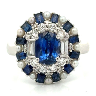 Estate Modern Designer Fine 2.59ctw Sapphire, Diamond, Pearl 18Kt White Gold Ring — scale view