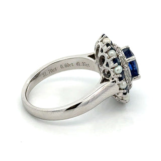Estate Modern Designer Fine 2.59ctw Sapphire, Diamond, Pearl 18Kt White Gold Ring — alternate view