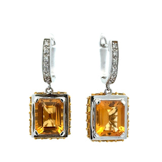 Estate Modern 8.00ctw Citrine and Diamond 14k White Gold Dangle Earring — reverse view
