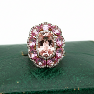 Estate Modern Pink Sapphire, Morganite, Diamond 18Kt Yellow Gold Ring — detail view