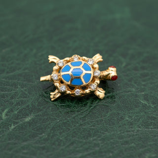 Estate jewelry — Estate Modern Enamel, Garnet, and Diamond 14kt Yellow Gold Turtle Pendant