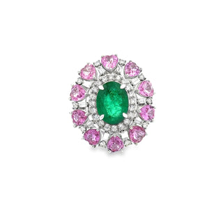 Estate Modern Emerald, Pink, Sapphire, Diamond 18Kt White Gold Ring — reverse view