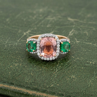 Estate Modern Emerald Pink Tourmaline, Diamond 18K Yellow Gold Ring