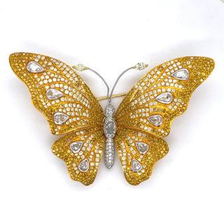 Estate Butterfly Natural Fancy Yellow and White Diamond 18Kt Yellow and White Gold Brooch — alternate view
