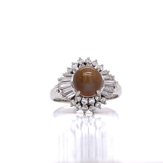 Estate Cat's Eye Green Chrysoberyl & Diamond Platinum Ring — detail view
