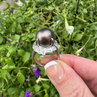 Estate jewelry — Estate Contemporary 12.50mm Tahitian Pearl and Diamond Platinum Ring
