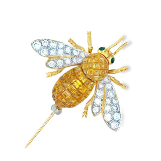 Estate jewelry — Estate Modern 1980's Yellow Sapphire and Diamond 18Kt Yellow Gold Bee Brooch