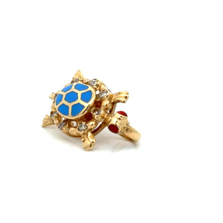 Estate jewelry — Estate Modern Enamel, Garnet, and Diamond 14kt Yellow Gold Turtle Pendant