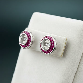 Estate Ruby, Diamond and 18K White Gold Semi Mount Earrings — scale view