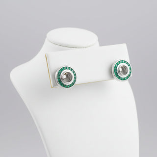 Estate Emerald, Diamond and 18K White Gold Semi Mount Earrings — detail view