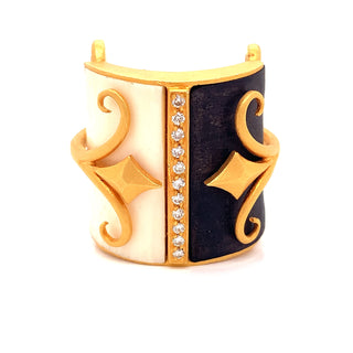 Estate Fibula Diamond and Ceramic 18K Yellow Gold Ring