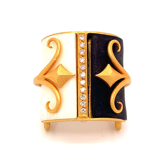 Estate Fibula Diamond and Ceramic 18K Yellow Gold Ring