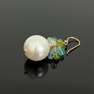 Estate South Sea Pearl Semi Precious Dangle 14K Yellow Earrings — side view