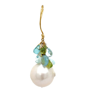 Estate South Sea Pearl Semi Precious Dangle 14K Yellow Earrings — detail view
