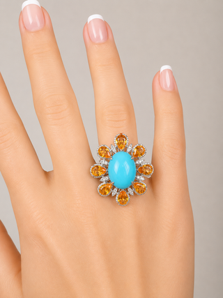 Estate Modern Orange Sapphire Diamond, Turquoise 18kt White Gold Ring — reverse view