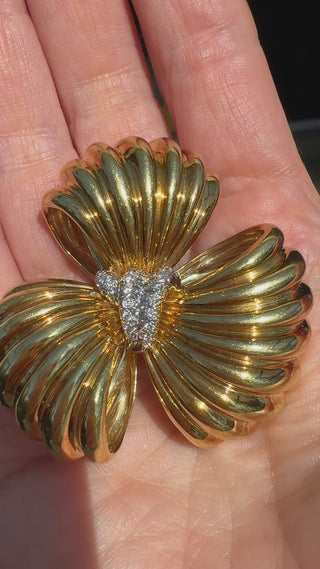 Estate Modern Italian 1980's 18kt Yellow Gold Diamond Flower Brooch — side view