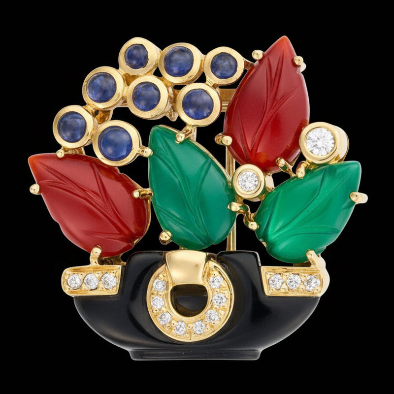 Estate Cartier Paris 1991 Revival "Tabriz Collection" Basket Diamond, Chalcedony, Sapphire, Black Onyx, Carnelion 18Kt Yellow Gold Pendant/Brooch — side view