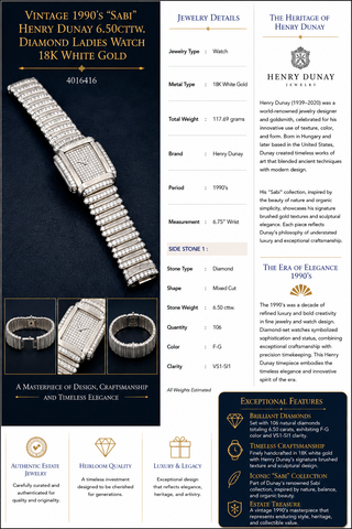 Estate Vintage 1990's "Sabi" Henry Dunay 6.50cttw. Diamond Ladies Watch 18K White Gold — side view