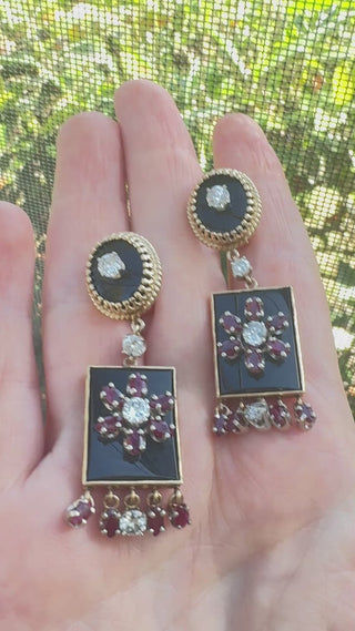Estate Vintage Diamond Ruby and Onyx Custom Made 14K Yellow/White Gold Earring — side view