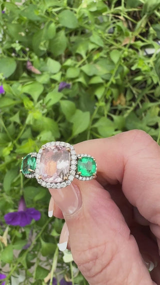 Estate Modern Emerald Pink Tourmaline, Diamond 18K Yellow Gold Ring — detail view