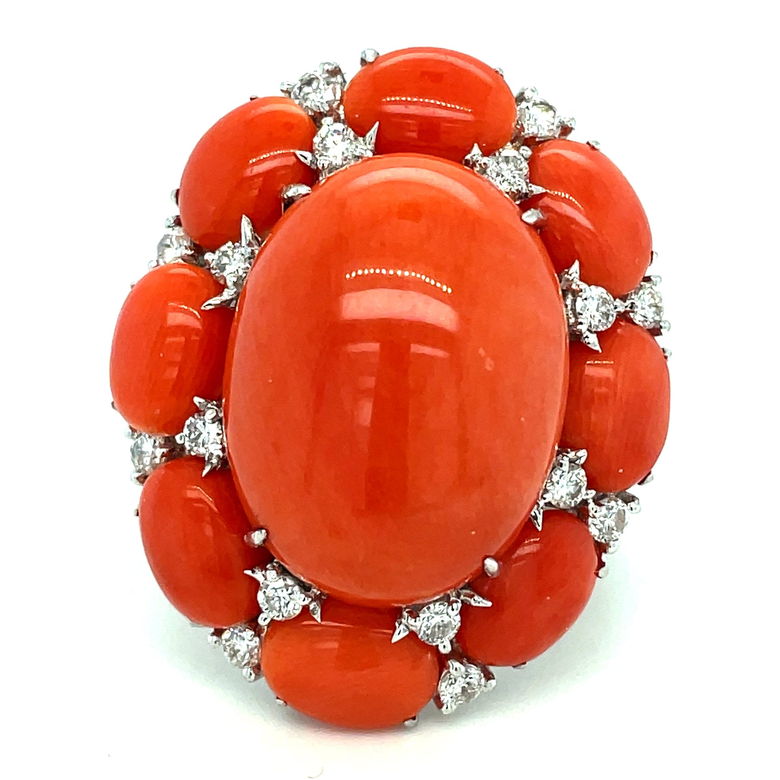 Estate Coral and Diamond 18K White Gold Ring — detail view