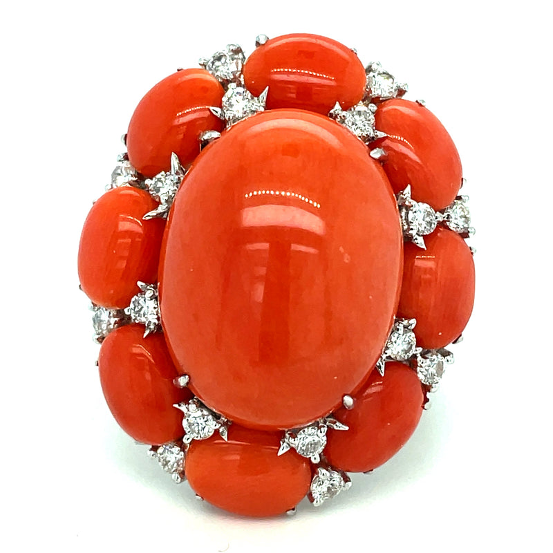 Estate Coral and Diamond 18K White Gold Ring — detail view