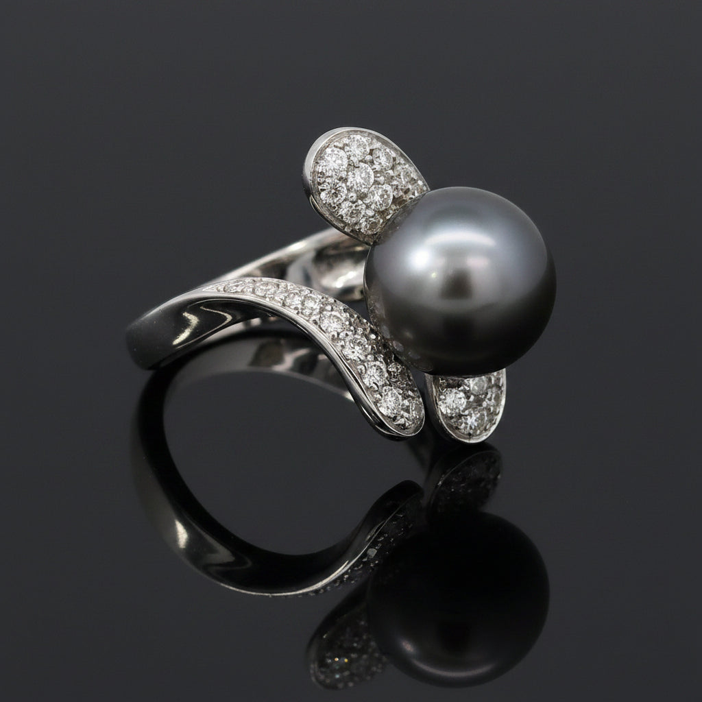Estate Schoeffel 1.20 cttw Diamond 12.57mm Tahitian Pearl Ring 13875