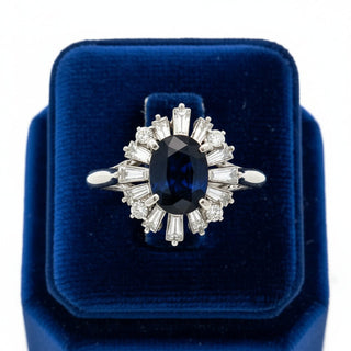 Estate Sapphire and Diamond Platinum Halo Ring — side view