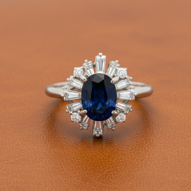 Estate Sapphire and Diamond Platinum Halo Ring