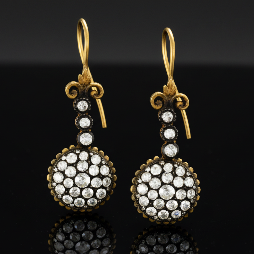 Estate French Rose Cut Diamond and 22kt Yellow Gold/Rhodium Dangle Earrings — side view