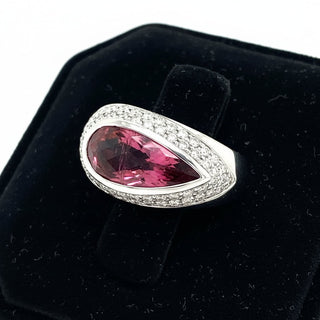 Estate pink tourmaline diamond ring side profile, 18K white gold