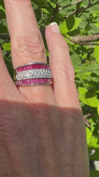 Estate Modern Fine Ruby and Diamond Platinum Ring — detail view
