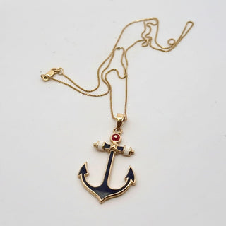 Estate Yacht Lady Anchor Red White Blue 14K Yellow Gold Necklace — reverse view
