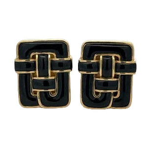 Estate Designer Angela Cummings Black Enamel and 18Kt Yellow Gold Weave Earrings — detail view