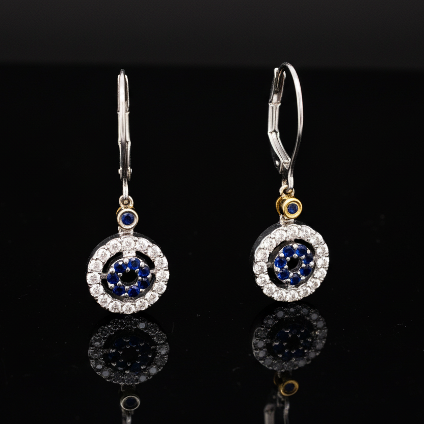 Estate Sapphire and Diamond 14K White and Yellow Gold Dangle Earrings — side view