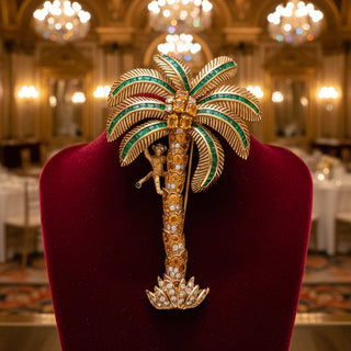 Estate Italian Modern 1980's 18K Yellow God 15.00 ctw Yellow Sapphire, Emerald and Diamond Monkey on Palm Tree Brooch — detail view