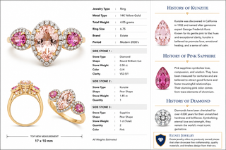Estate Modern Pink Sapphire Kunzite, Diamond 14kt Yellow Gold Ring — side view