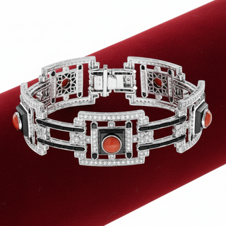Estate Custom Made Diamond Coral Onyx White 18K White Gold Bracelet — detail view