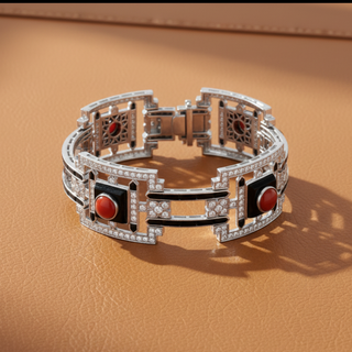 Estate Custom Made Diamond Coral Onyx White 18K White Gold Bracelet — side view