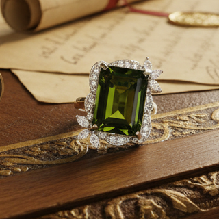 Estate Green Tourmaline and Diamond Platinum Ring — side view