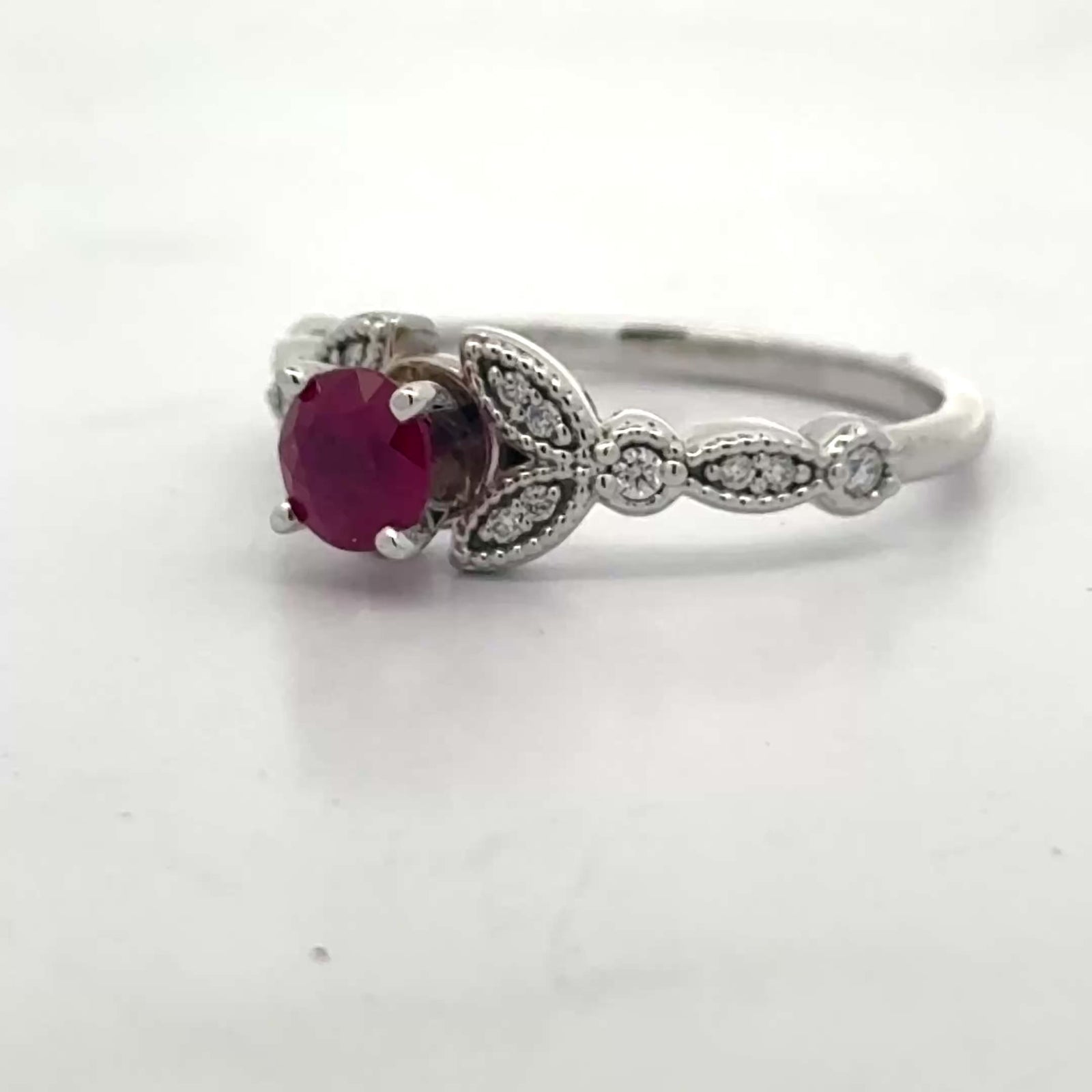 Estate Ruby, Diamond and 14K White Gold Ring — detail view