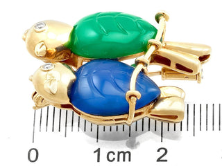 Estate Cartier Paris 1989 Revival Love Birds Diamond and Chalcedony 18K Yellow Gold Pendant/Brooch — reverse view