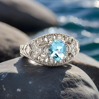 Estate Aquamarine, Diamond, and 14K White Gold Antique Ring — side view